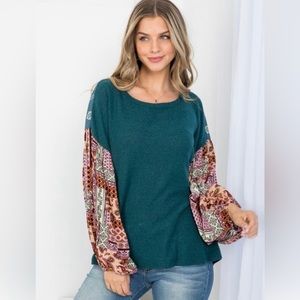 ODDY Boho Teal/Multicolor Scoop Neck Dropped Shoulder Top. New. Made in USA.